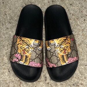 Gucci Black Slides with Tiger and Pink Accents